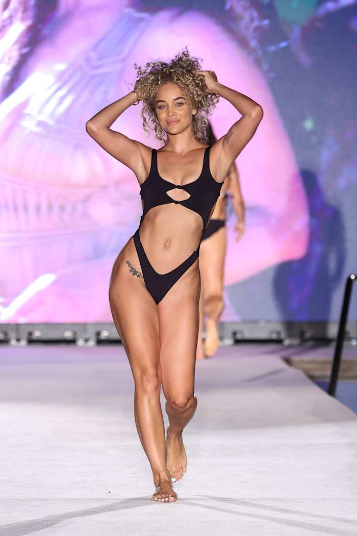 Jasmine Sanders walks the runway for Sports Illustrated Swimsuit Runway Show During Paraiso Miami Beach on July 16, 2022 in Miami Beach, Florida.